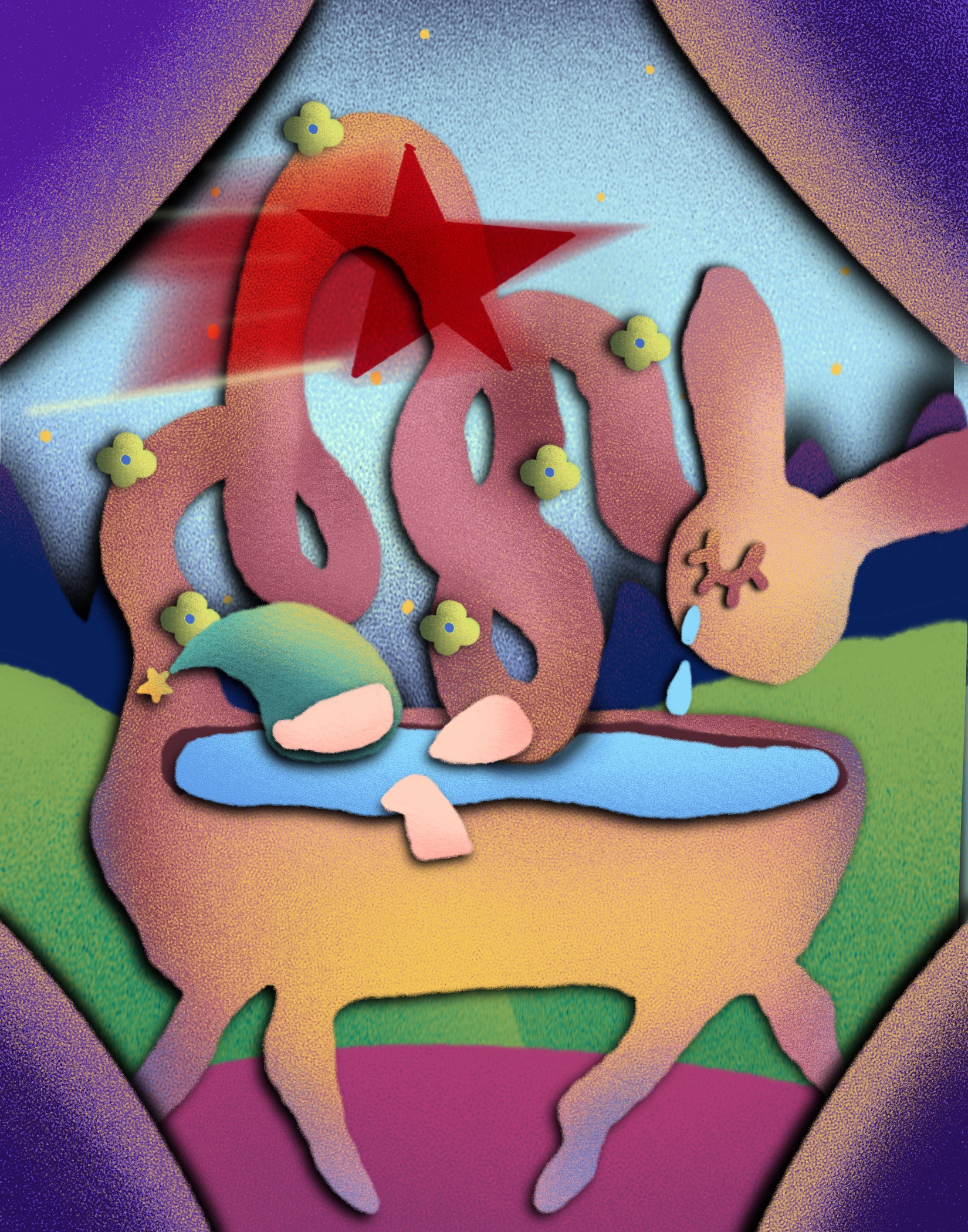 Vertical booklet illustration with rabbit and cauldron