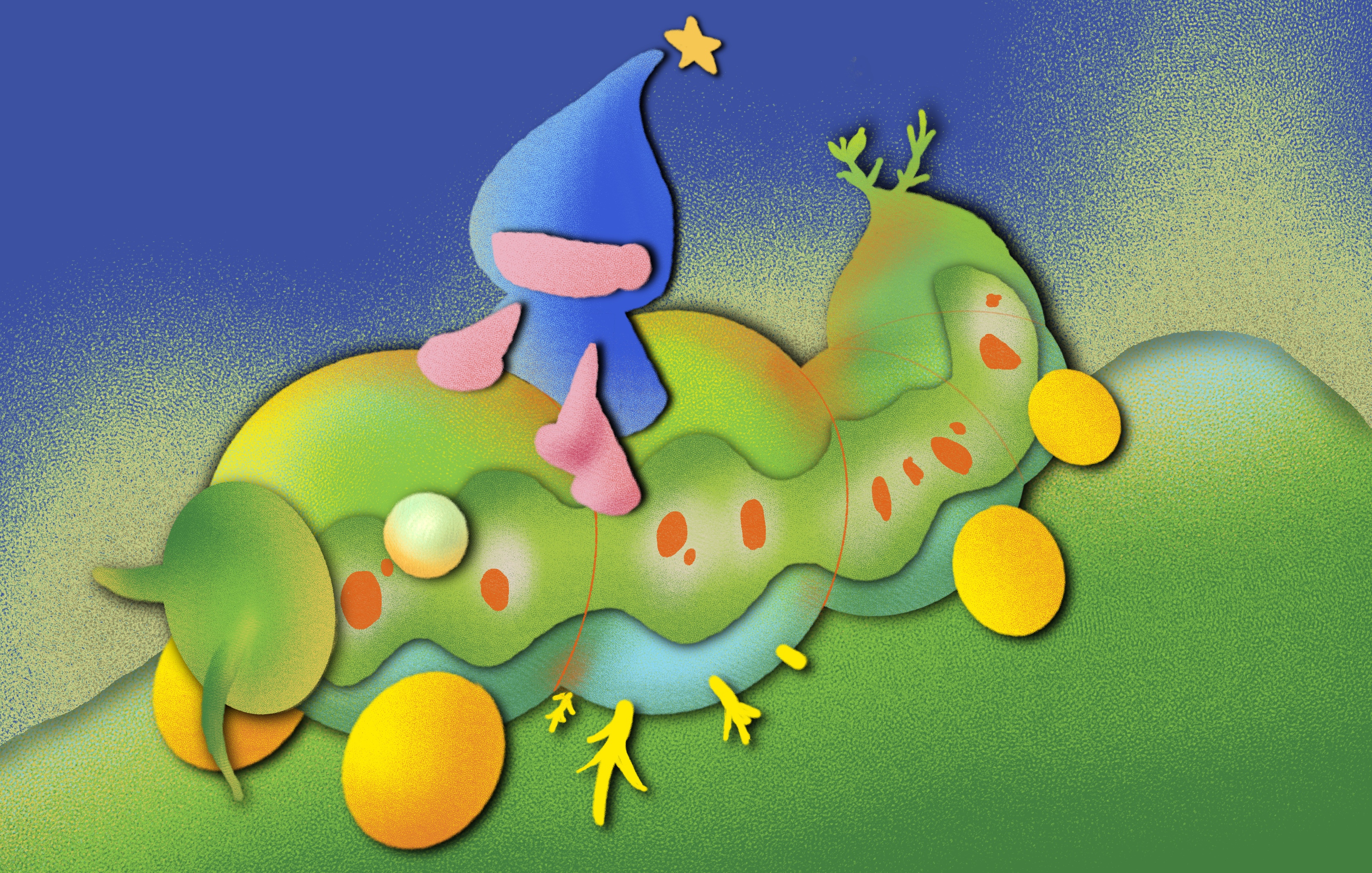 Booklet spread with caterpillar character