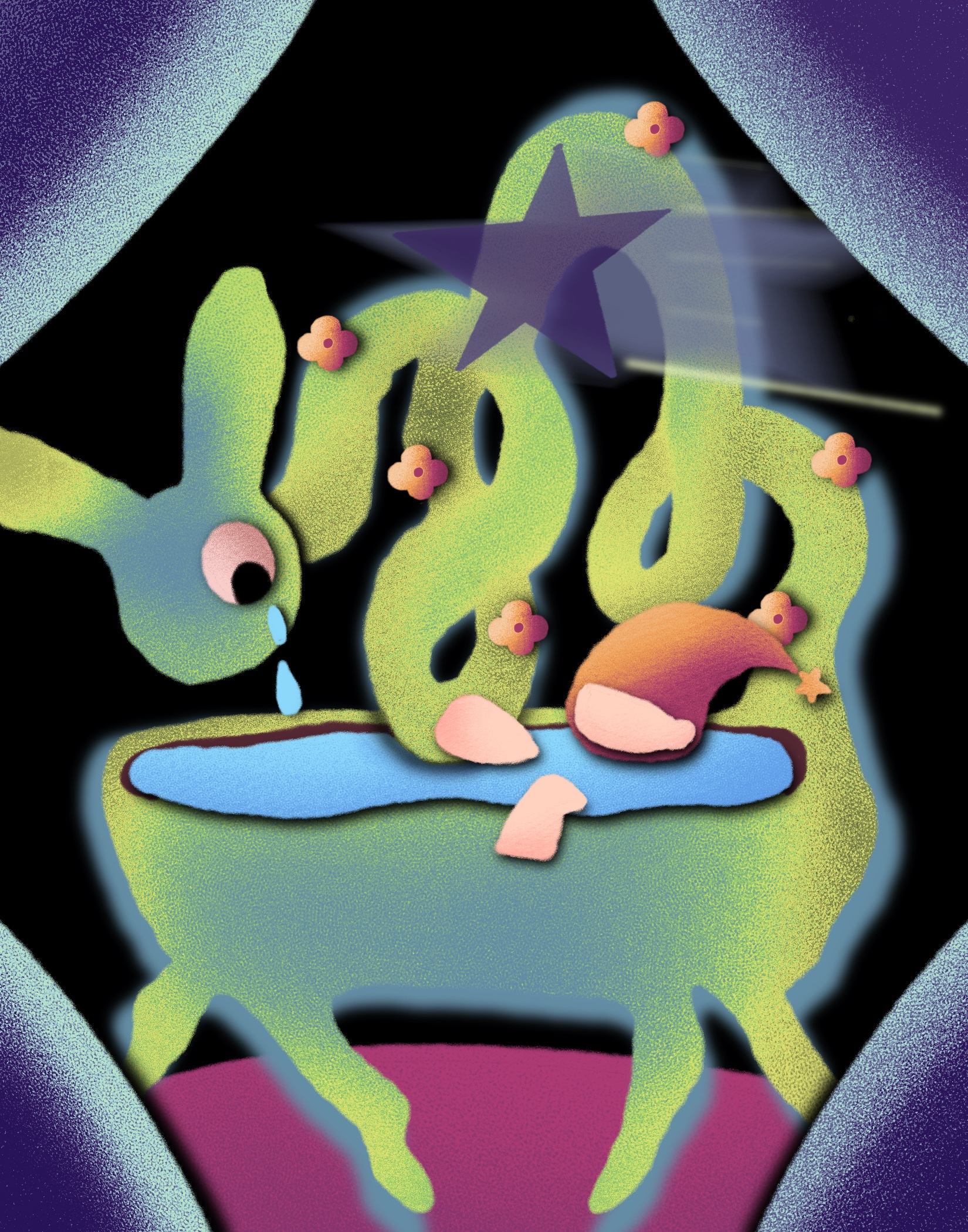 Vertical booklet illustration with green rabbit