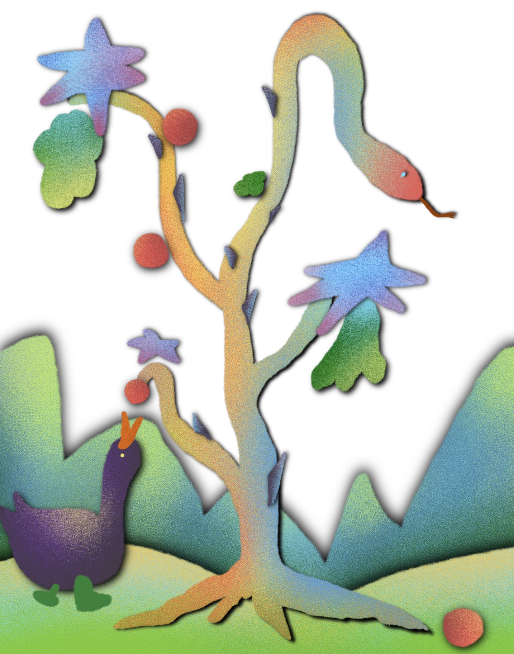 Vertical booklet illustration with tree and dark duck