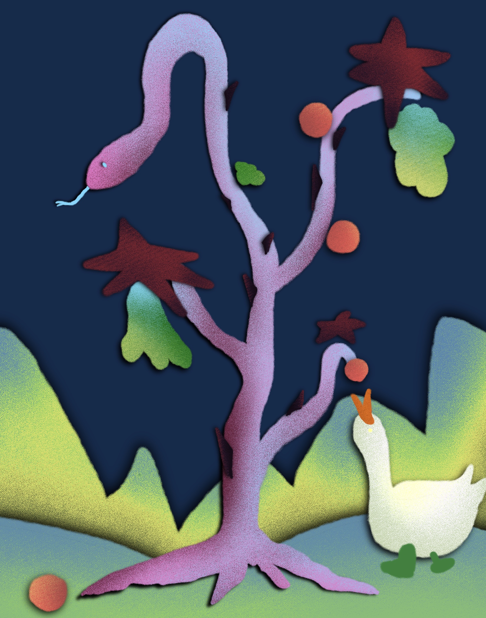 Vertical booklet illustration with pink tree and white goose