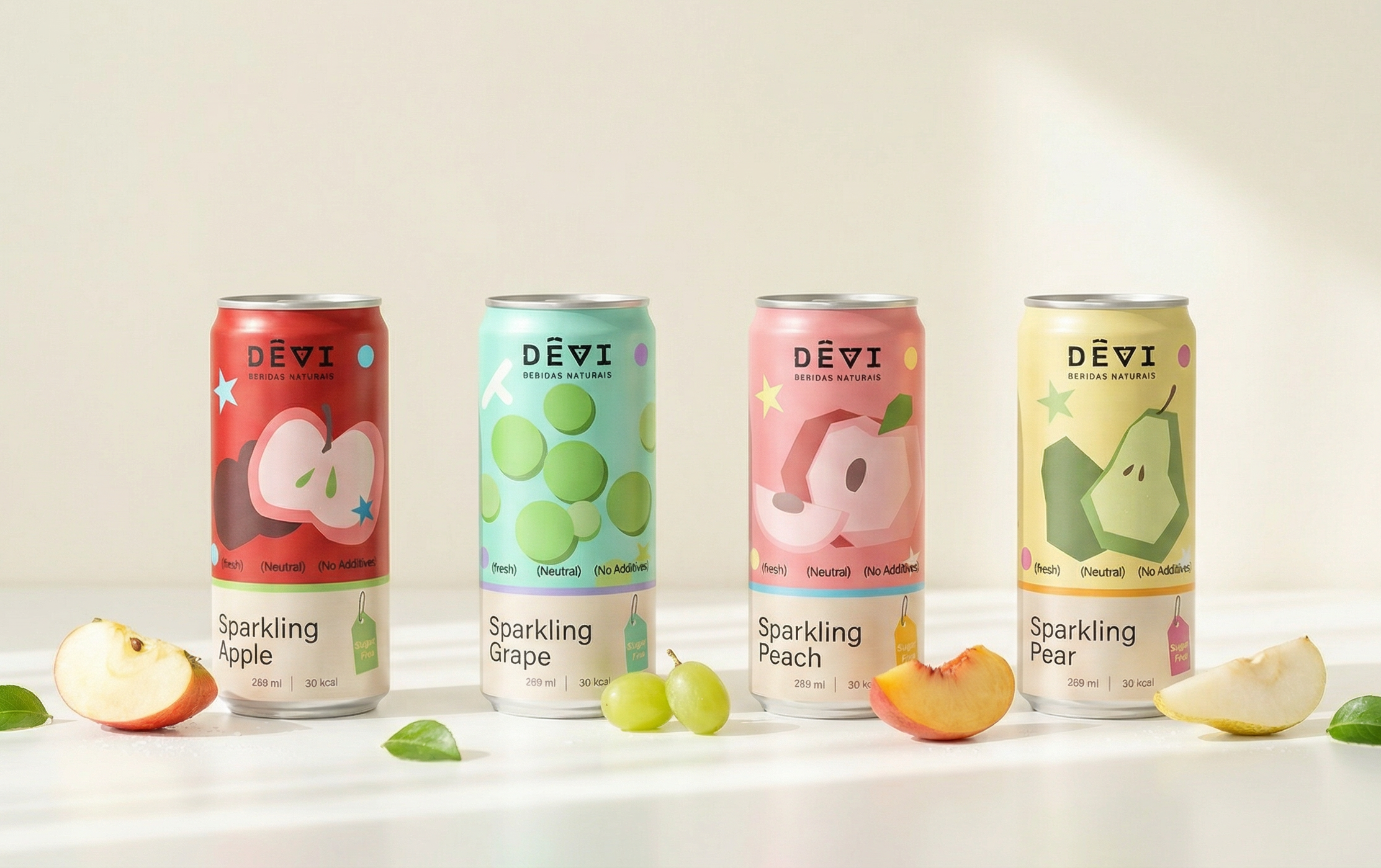 DEVI sparkling fruit can series with apple, grape, peach, and pear flavors