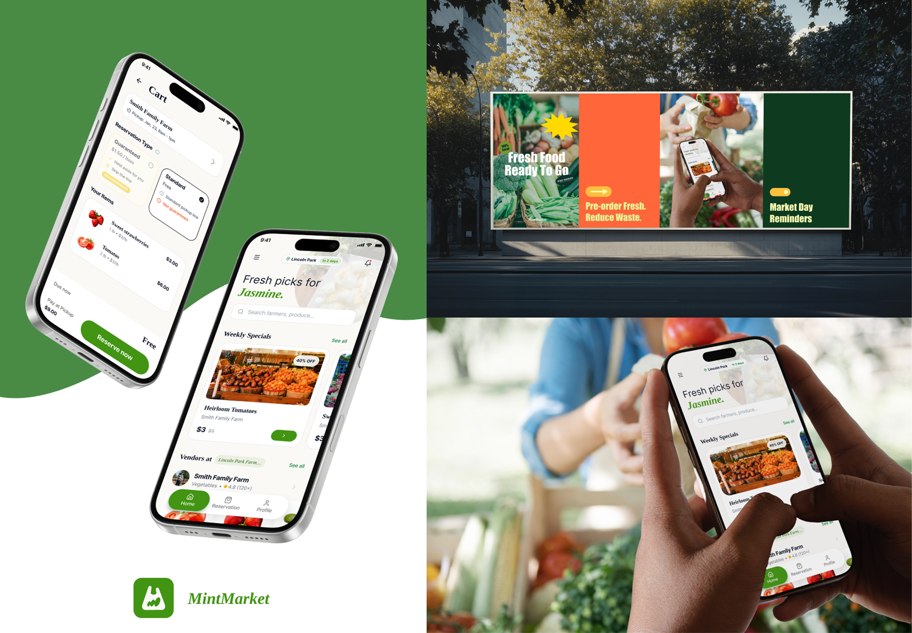 MintMarket hero board with app screens, campaign billboard, and produce pickup scene