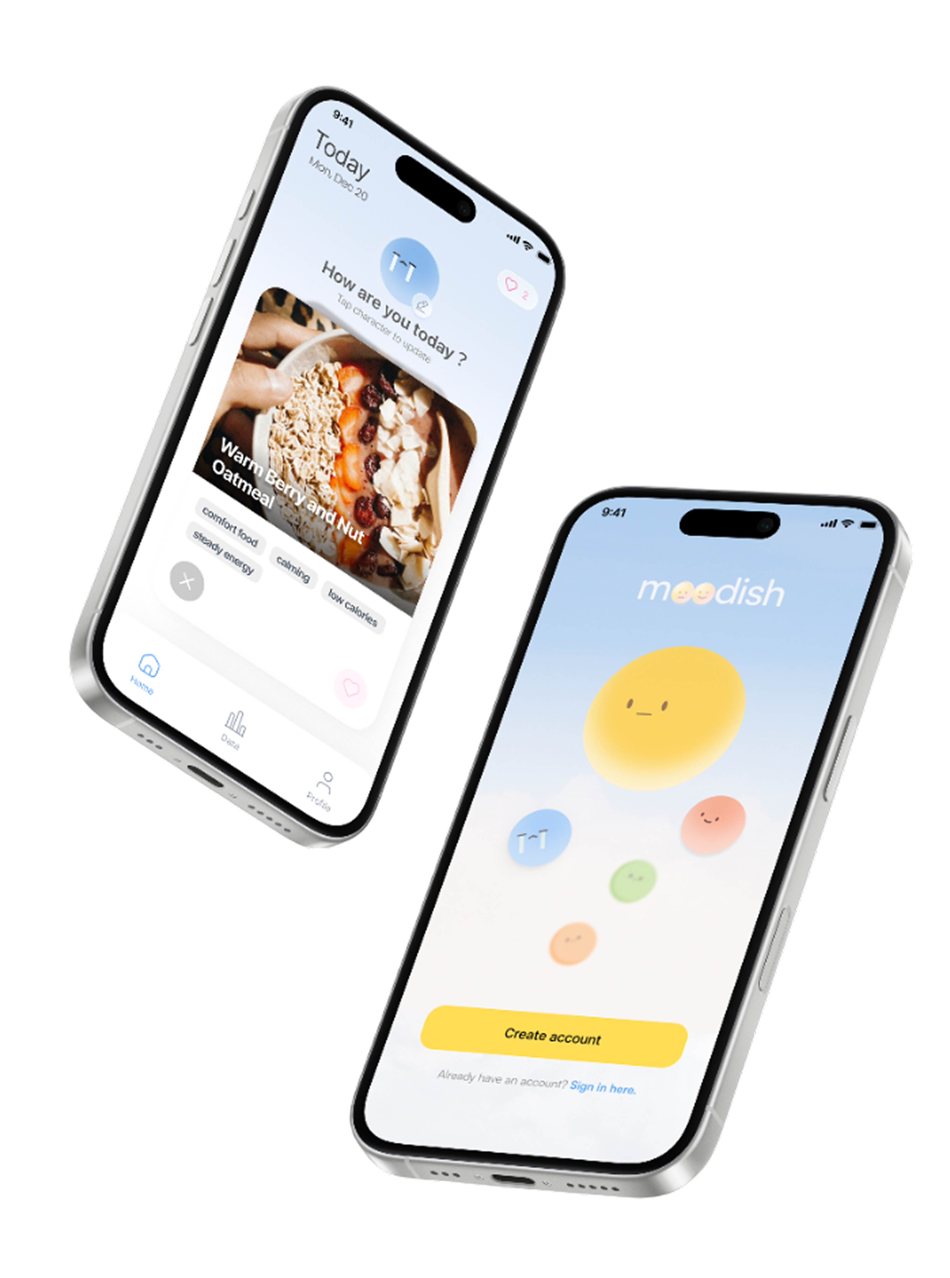 Moodish onboarding and meal screen mockup