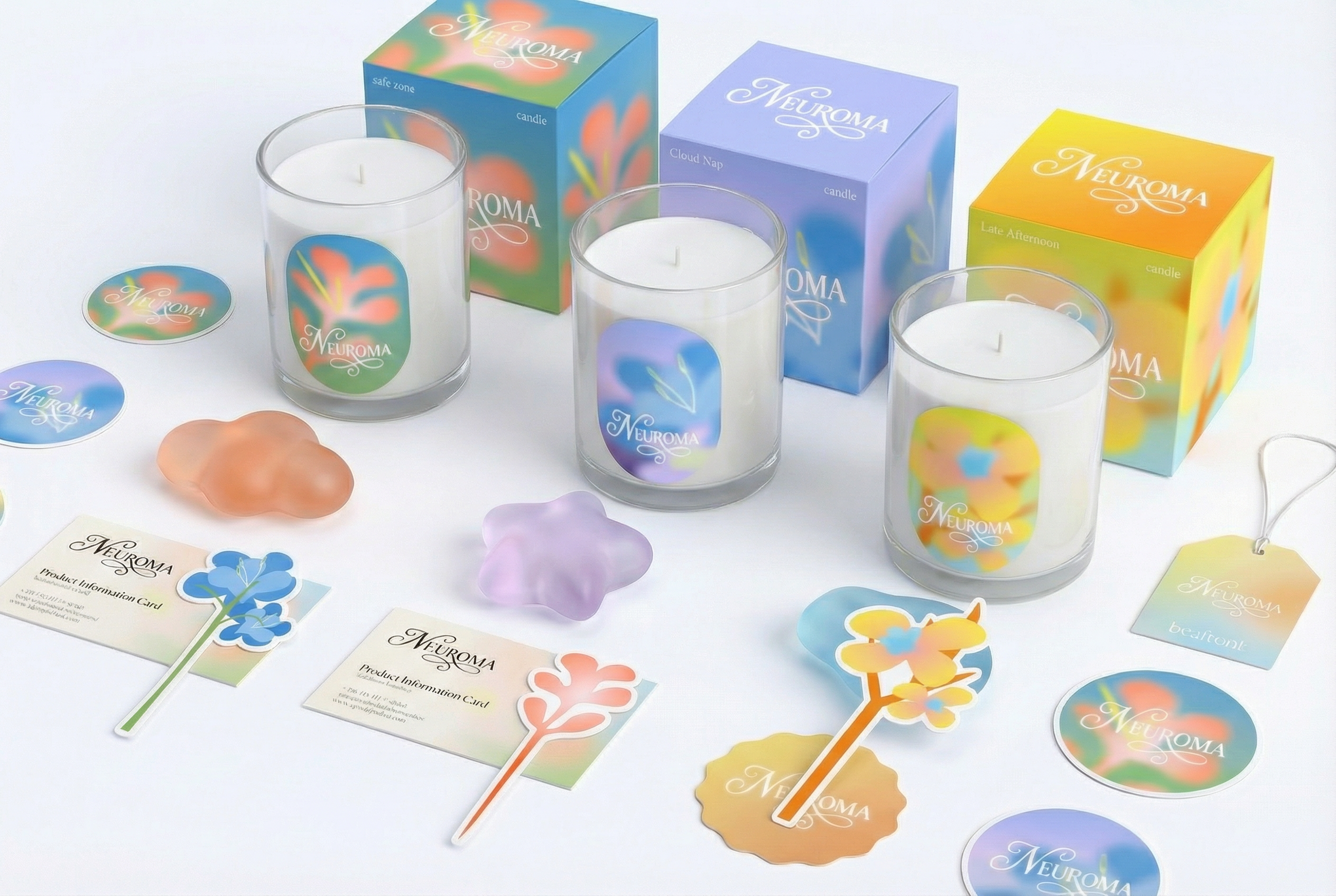 Neuroma scented candle packaging system with boxes, candles, tags, and stickers